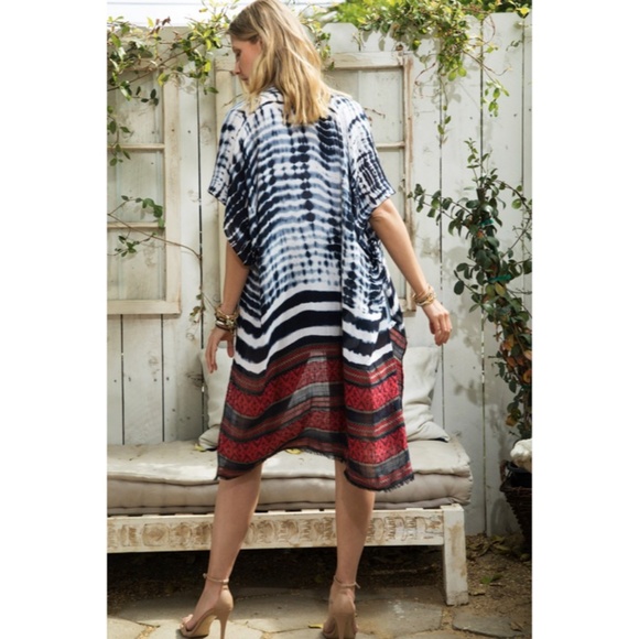 SOLD OUT Indigo Tie Dye Jacquard Ethnic Boho Bohemian Motif Open Kimono Wrap - Picture 5 of 7